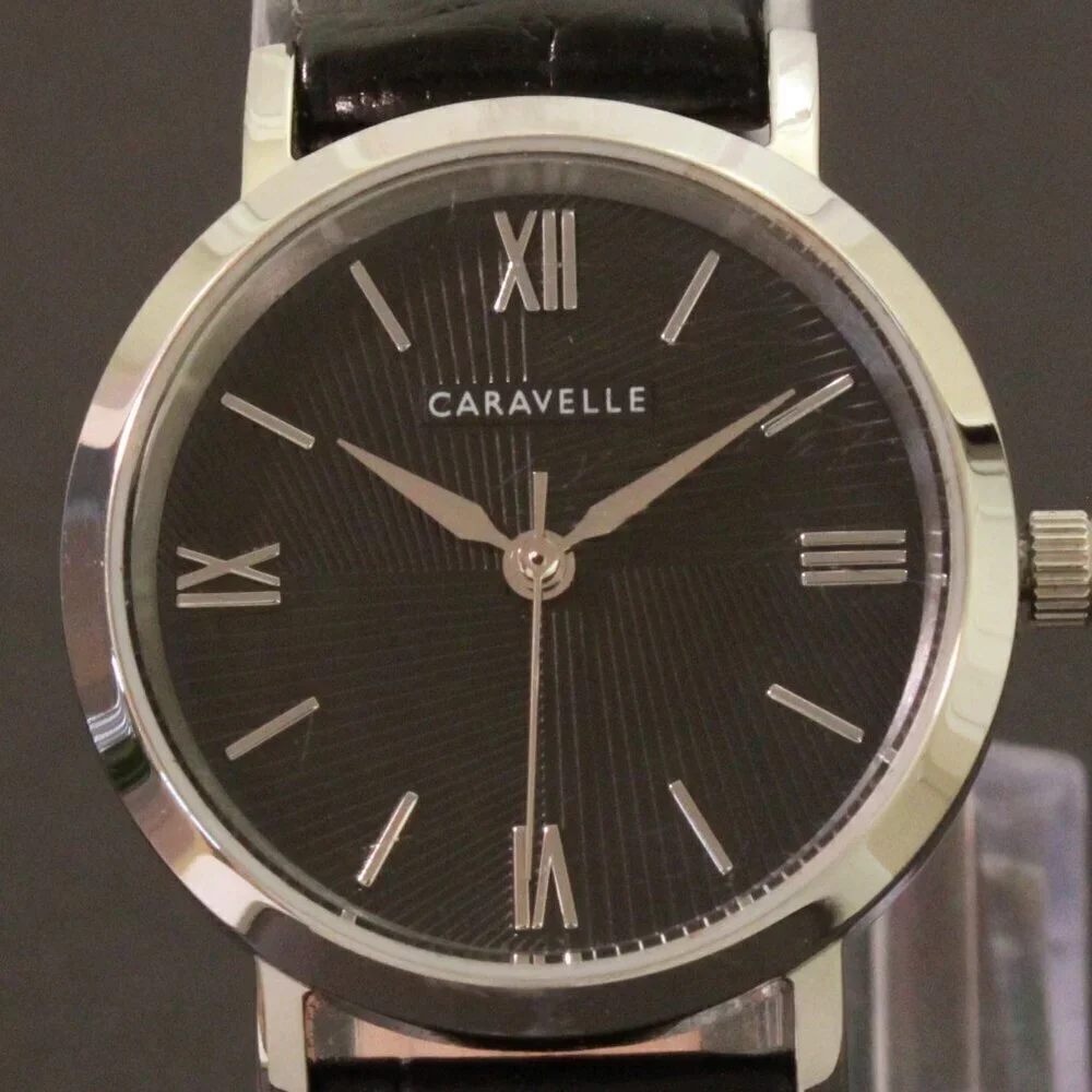 Caravelle Ladies Quartz Dress Watch By Bulova Black Textured Dial, Strap 28mm